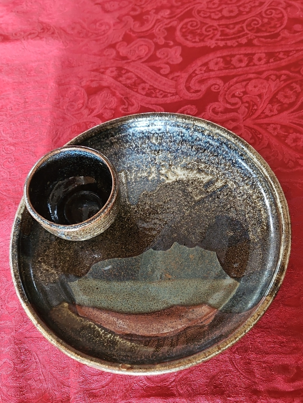Vintage Studio Art Pottery Signed Chip and Dip Serving Platter Bowl
